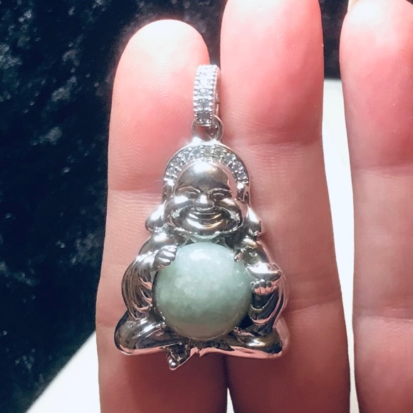 Sterling Silver Green Jade Smiling Buddha Pendant - Picture 7 of 13